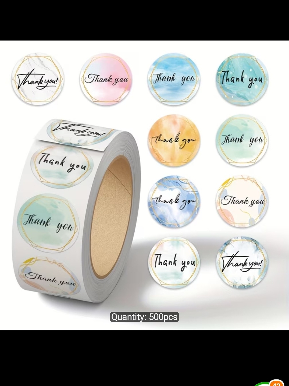 500 Count Thank You Sticker Roll - Watercolor Marble Circle Labels New
